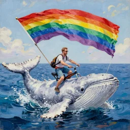 walter white riding the back of a white whale across the pacific ocean at an aquatic gay pride parade rainbow flag expressive oil painting energetic composition grand waterscape