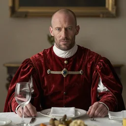 jason statham cast as dijkstra in the witcher netflix series wearing soft red fabric aristocratic clothing, large outfit, royal attire, shaved bald head, sitting at dining table