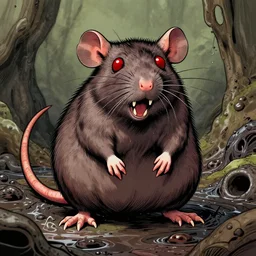 large attacking zombie rat standing up with red eyes and sewer around it, fine detail, vivid colors, heavy lines