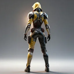 futuristic warrior with latex and steel details, with his back to the viewer, futuristic assassin's creed style, back light, full body view, 8 k, 3 d render, cinematic lighting