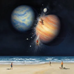 highly detailed illustration of two planets colliding at night as seen from the beach by kilian eng, moebius, nico delort, oliver vernon, joseph moncada, damon soule, manabu ikeda, 4 k resolution