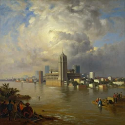Megacity Mumbai submerged because of global warming, by Canaletto, by Wes Anderson, by Greg Rutkowski, by oil on canvas, masterpiece, detailed, dynamic, cinematic composition, beautiful lighting, view from ground, trending on artstation, top on pixiv, 8K, award winning, no frames,