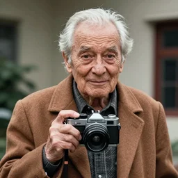 A photograph portrait of old Jerma985 in his eighties who looks like Jerma985 wearing an overcoat in the 1990s, Jerma985, taken in the early 1990s, grainy, taken on a 1990s Camera, realistic, hyperrealistic, very realistic, highly detailed, very detailed, extremely detailed, detailed, digital art, trending on artstation