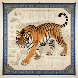 a tiger cyberpunk detailed, intricately detailed, hyper realism, the chinese calendar, a silk screen, behance, cloisonnism, qajar art, deviant art, wiccan, photo illustration, made of beads and yarn, by kahlo, by yuko shimizu by raja ravi varma