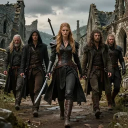 a badass warrior and a rogue and a hunter walking through the eldritch ruins of a medieval town, photorealistic movie still by michael komarck, greg rutkowski, victo ngai, artgerm, willem claesz heda and j. dickenson