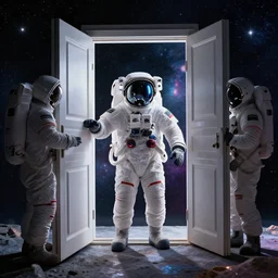 4 k, hyper - realism, distant shot, extra - details, psychedelic astronaut opening door that leads to the universe.