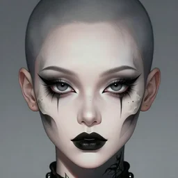 beautiful portrait goth girl, big eyes,, face color tattoo scull, balt head, sharp focus, smooth, digital illustration, by mcbess, dore, symmetry, by alexander mcqueen, trending on artstation