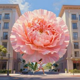 massive carnation flower head, woman running between luxury apartments, surreal photography, sunlight, impressionist painting, digital painting, artstation, simon stalenhag