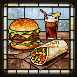 a stained glass window with a detailed scene showing both a big mac and chipotle burrito