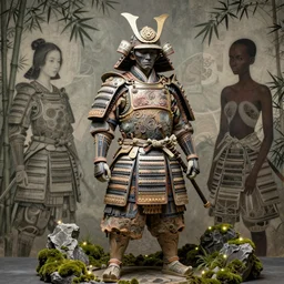 ancient japanese samurai, intricate detailed fractal armor, by kiki smith, by maria sibylla merian, by wangechi mutu, chinese painting, concept art, third - person, 3 - dimensional, 1 6 k, rim lights, moss, bamboo, insanely detailed and intricate, hypermaximalist, elegant, ornate, hyper realistic, super detailed