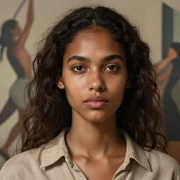 detailed portrait in femininity, realistic face sculpted features, ethnic, exotic, melanin, deep clear eyes, statuesque, warm glowing skin, wild hair, collared shirt, chiaroscuro, tangible, angular impressionism, ambient, arabesque backdrop, contemporary, modern fashion, natural colors