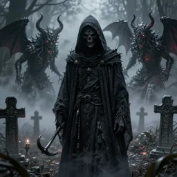 grim reaper, demons of hell, haunted spooky foggy graveyard, headshot photo, character concept, dark souls concept art, Feng Zhu concept art, dramatic lighting, highly stylized, trending on artstation, high-quality wallpaper, desktopography