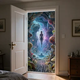 a home bedroom door opening a portal into another world dimension!! digital art, intricate, highly detailed, dynamic lighting, hyperrealistic, trending on artstation, award - winning art, art by artgerm and greg rutkowski, wlop, octane render, 4 k