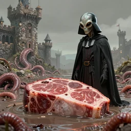 pop - wonder - nft alien - meat half - tone - art of a darth - maul wading through the goopy - muck and slithering about the castle side delights on a melted cheesy day in a hand - drawn vector, svg, cult - classic - comic - style