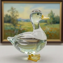 a transparent sculpture of a duck made out of glass. the sculpture is in front of a painting of a landscape.