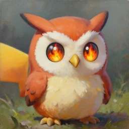 full shot,a oil painting of cute owl Pokémon with big eyes made of flame,Ford, Henry Justice,Zatzka, Hans,trending on artstation,High detail