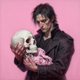a man holding his own soul. by peter mohrbacker. by greg rutkowski. grimdark fantasy, vividly detailed pastel pink painting on oiled canvas