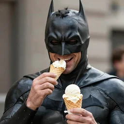 A still of Ben Affleck's Batman smiling while eating an ice cream, 4k, ultra realistic, detailed, award winning