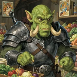 portrait of an orc shopping for groceries, fantasy, armor, tusks, finely illustrated face, highly detailed, digital painting, studio ghibli, tankobon, in the style of ilya kuvshinov and krenz cushart and william - adolphe bouguereau and alphonse mucha