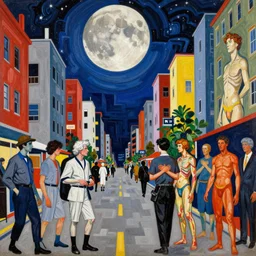 over - saturated professional pre - raphaelite decollage painting defined colours old white - headed man under the huge moon on a street of neo toky city by adrian ghenie and takato yamamoto and austin osman spare and edward hopper and mark ryden and tsutomu nihei, very coherent, baroque elements, perfect anatomy, intricate design. pop art.