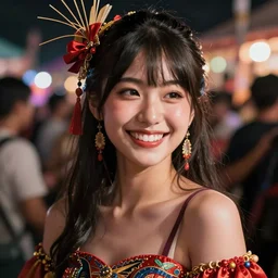 hyper realistic photography portrait of smiling asian japanese festival partygirl amazon face cinematic, vallejo, full shot, craig mullins greg rutkowski, artstation, cgsociety