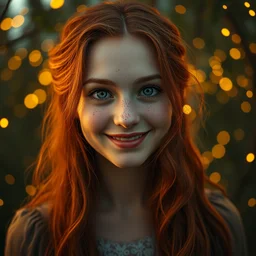 portrait of happy a young woman, among the lights of golden fireflies and nature, long loose red hair, intricate details, bright green eyes, freckles on the nose, round gentle face, romantic dress, deep focus, smooth, sharp, golden ratio, hyper realistic digital art by artemisia lomi gentileschi and caravaggio, unreal engine 5
