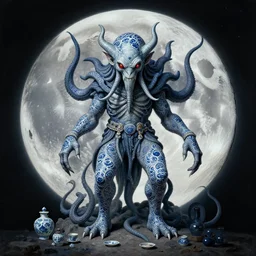 cthulhu on the moon, surrealist painting by igor morski, gediminas pranckevicius, beeple, ornament, porcelain, super - resolution, soft lighting, ray tracing global illumination, in a symbolic and meaningful style