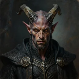 detailed portrait of Idris Elba as a horned Tiefling powerful dungeons and dragons warlock, wearing dark robe, intricate, hyper detailed, lovecraftian, realistic, oil painting, by jeff easley, boris vallejo, cinematic lighting
