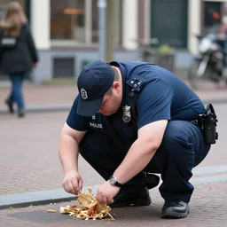 fat police officer eating from the ground in an amsterdam street, natural light, sharp, detailed face, magazine, press, photo. steve mccurry, david lazar, canon, nikon, focus