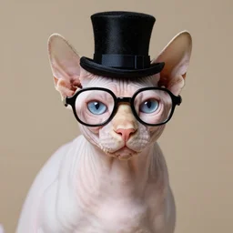 pink sphynx cat in top hat and monocle