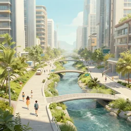 an optimistic futuristic pedestrian city with landscaped streams, idyllic crossing bridges, by agnes lawrence pelton and christopher balaskas