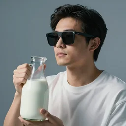 a beautiful portrait of a bloke lost in his thoughts, wearing a pair of futuristic sunglasses, contemplating the beauty of a jug of milk he's holding, photography, volumetric lighting, 8 k