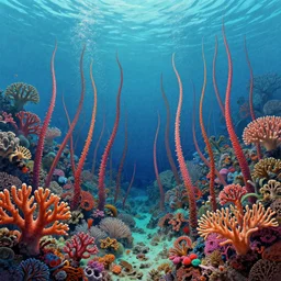 a post - minimalism intricate complex landscape of a underwater coral paradise with very long legs vibrant color scheme, highly detailed, in the style of romanticism, cinematic, artstation, moebius, greg rutkowski