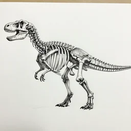 a detailed pen and ink drawing of a dinosaur skeleton