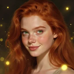 a highly detailed, hyper realistic, red haired young woman, with long hair, green eyes, hint of freckles, gentle face, cheeky smile, among golden fireflies, deep focus, elegant, digital painting, smooth, sharp focus, golden ratio, illustration, ultra realistic, 8 k, art by artgerm and caravaggio