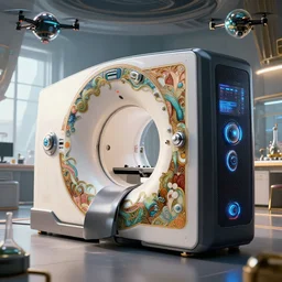 ( cyberpunk 2 0 7 7, bladerunner 2 0 4 9 ), a beautiful elegant computer case cybernetic symbiosis hybrid mri 3 d printer machine making a bio chemical lab, shiny knobsart by artgerm and greg rutkowski and alphonse mucha, amazing, fantastic, natural light in room, drone camera lens orbs, global illumination, octane render, architectural, f 3 2,