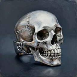 platinum ring with a skull. cinematic. intricately detailed acrylic painting