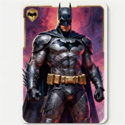 elegant hyper realistic intrincated concept art full body portrait painting, trading card game art, of a translucent muscular dark gritty batman superhero vigilante, wearing a modern ornated armor, vivid color scheme, scary atmospheric lighting, in the style of cristian sauret