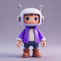 kid robot with purple jacket design by fabricio campos and lidia morales, character modeling, toy design, substance 3 d painter, blender, mental ray, zbrush, trending in behance