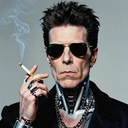 abeautiful award winning masterpiece photograph of an intent and serious cyborg lou reed wearing balenciaga mirrorshades and smoking a cigarette by andy warhol, trending on artstation