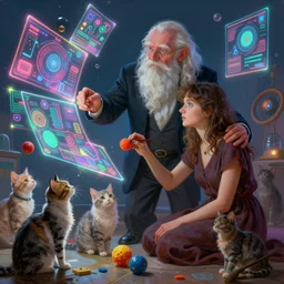 illustration of h. r. giger and liliia sitailo, artist paint in air colorful elements of bright sci - fi hologram elements, group of cats play with toys, dramatic, sharp focus, depth of field, highly detailed, artstation, digital art, volumetric light, dynamic, expression