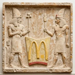 assyrian relief depicting a big mac from mcdonald's.