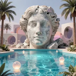 David Ligare masterpiece, hyperrealistic surrealism, award winning masterpiece with incredible details, beautiful lighting, pool caustics, illuminated orbs, epic stunning, infinity pool, a surreal vaporwave liminal space, highly detailed, trending on ArtStation, broken giant marble head statue ruins, calming, meditative, geometric liminal space, palm trees, very vaporwave, very very surreal, sharp details