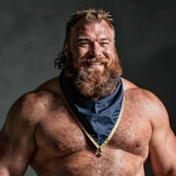 Strongman with a giant beard smiling as he wears it like a scarf