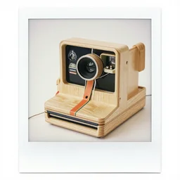 polaroid of a cute toy computer made from wood and thread