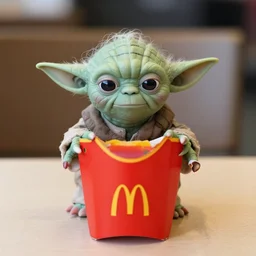 yoda sitting behind a table inside mcdonald's, small red cardboard box, yellow m logo on box, annoyed, disgruntled, 3 5 mm, f / 2. 8