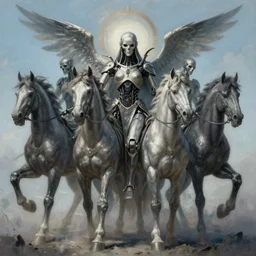 concept art by artgerm, death of the four horsemen of the apocalypse, soft blue and grey natural light, intricate, i robot queen of death, highly detailed dark art, digital painting, artstation, concept art, smooth, sharp focus, illustration, art by greg rutkowski and luis rollo and uang guangjian and gil elvgren, symmetry!