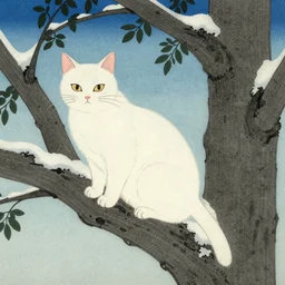 white cat in the tree in winter day in the style of Utagawa Hiroshige
