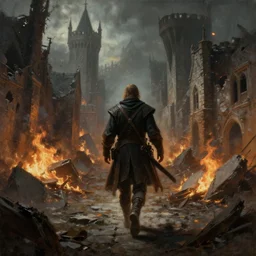a painting of a cinematic keyframe of walking into a destroyed medieval city, with fire, by greg rutkowski, rule of three, artgerm, artstation, highly detailed masterpiece, dark fantasy art, high detail