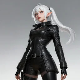 looking up from the bottom picture of elf rogue, female, white skin, ponytails, skintight leather clothes, short coat, face details, extremely detailed, smooth, sharp focus, digital illustration, by artgerm, rossdraws, sakimichan
